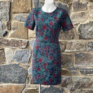 J. Crew Factory Short-Sleeve Printed Dress in Green Blue Burgundy Red Size 4
